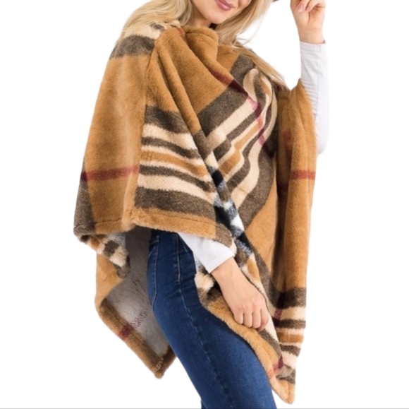 Tartan Plaid Tan Teddy Pullover Poncho OS - Picture 2 of 4